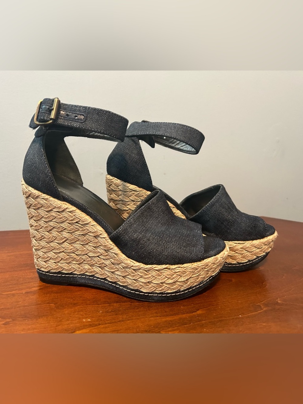 Stuart Weitzman Sohojute Dark Denim Espadrille Ankle-Strap Wedge Sandals - Picture 4 of 15